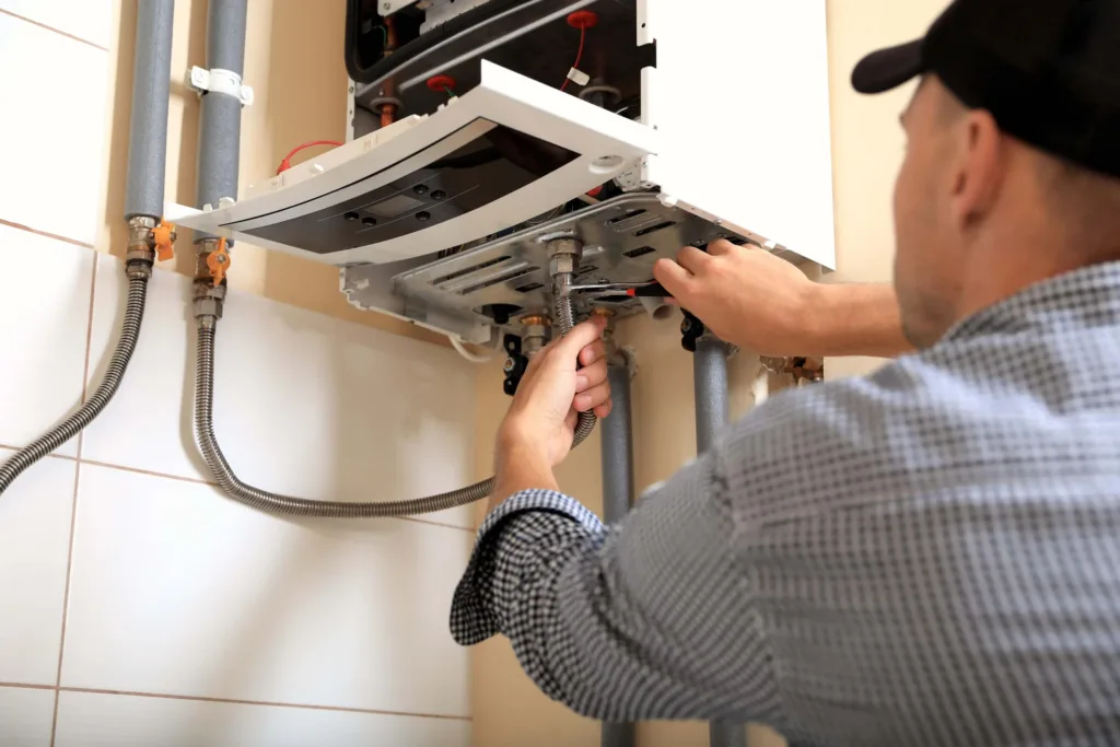 Man repairing gas boiler with water pump pliers inside, closing Man repairing gas boiler with water pump pliers inside, closing